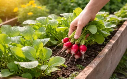 Frische Radieschen werden aus dem Beet geerntet. Die grünen Blätter und roten Knollen sind ein Zeichen für erfolgreiche Radieschen pflanzen.