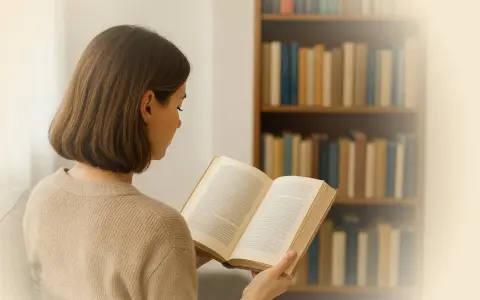 Junge Frau liest ein Buch vor einem Bücherregal.