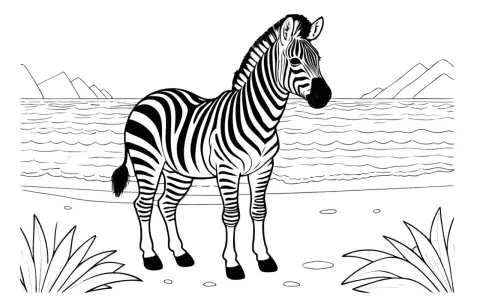 Ett vackert zebra måleri med en zebra vid en vattenkant, med berg i bakgrunden.