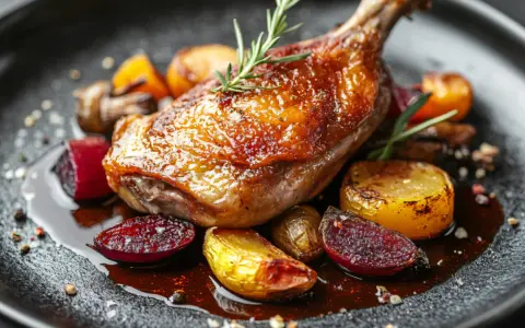 Confit de canard, une des spécialités de Dordogne, servi avec des légumes rôtis et une sauce savoureuse.