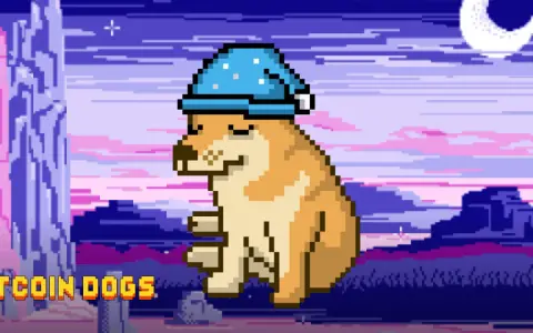Pixelowy piesek w czapce do spania, symbol bitcoin dogs, odpoczywa pod księżycem.