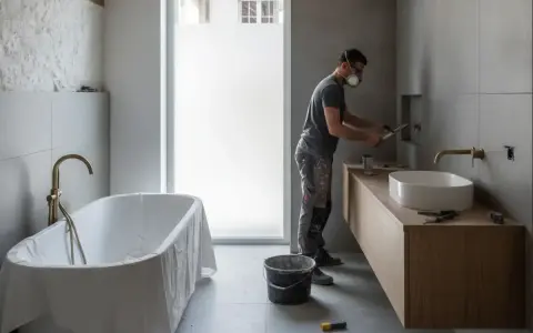 Un ouvrier masqué travaille sur la **rénovation baignoire** et le lavabo dans une salle de bain moderne en cours d'aménagement.