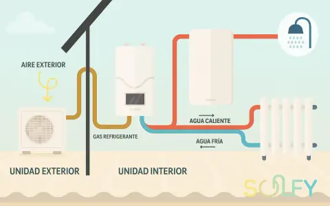 Diagrama de una bomba de calor para radiadores: unidad exterior capta aire, unidad interior calienta agua para radiador y ducha.