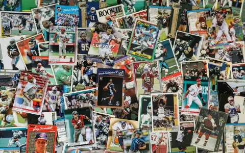 A colorful collage of sports trading cards, showcasing baseball, basketball, and football players. This collection could be part of an art consignment, where unique items are displayed and sold.