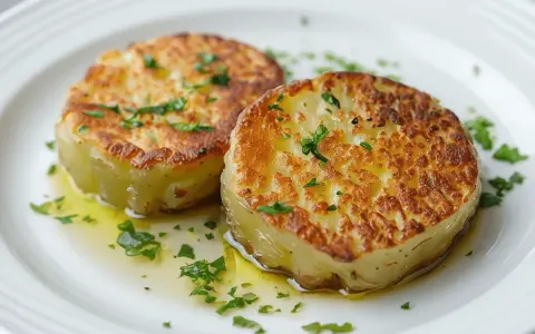 Dos rodajas de patatas al caliu doradas y tiernas, bañadas en aceite de oliva y espolvoreadas con perejil fresco.