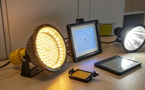 Różne źródła światła, w tym reflektor LED o ciepłej barwie, panel z niebieskimi diodami i tradycyjna żarówka halogenowa. Każda jednostka strumienia świetlnego ma swoje zastosowanie.