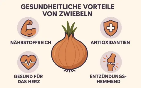 Gesundheitliche Vorteile von Zwiebeln: Nährstoffreich, Antioxidantien, gut fürs Herz, entzündungshemmend. Zwiebeln sind gesund!