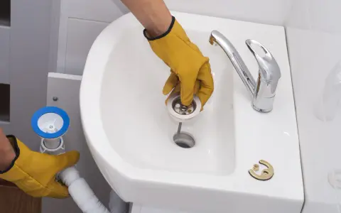 Manos enguantadas instalan el desagüe para cambiar el sifón del lavabo.