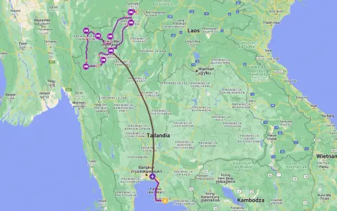 Trasa podróży przez Tajlandię, z zaznaczonymi punktami w Chiang Mai i okolicach, prowadzi przez malownicze prowincje.
