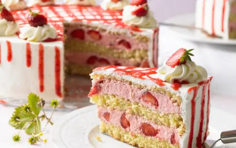 Eine moderne Erdbeertorte mit drei Schichten Biskuit, Erdbeercreme und frischen Erdbeeren, verziert mit Sahnetupfern und rotem Zuckerguss.