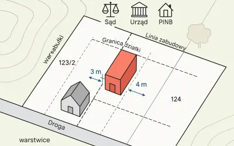 Schemat działki z budynkami, wskazujący odległości od granic i linii zabudowy. Ilustracja do tematu legalizacja samowoli budowlanej.