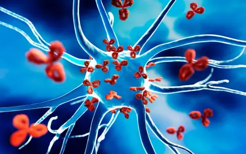 Czerwone przeciwciała atakują neuron, ilustrując mechanizm chorób autoimmunologicznych.