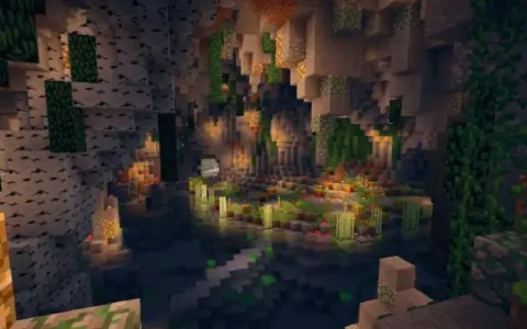 Un mundo subterráneo de Minecraft con cascadas, vegetación exuberante y luces brillantes. ¡Una de las mejores semillas Minecraft para explorar!