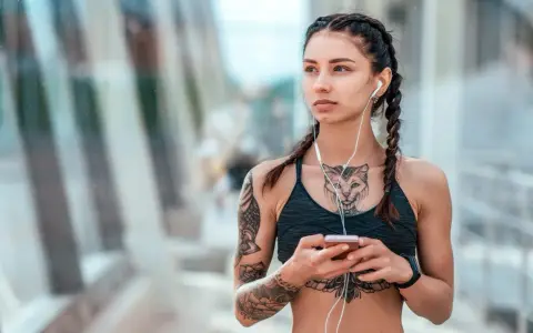 Kobieta z warkoczami i tatuażem na klacie, słuchająca muzyki na telefonie.