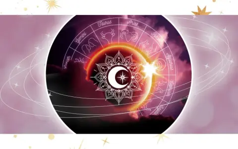 Zodiakalny krąg z symbolem księżyca i gwiazd, otoczony zorzą. Wiosenna równonoc zapowiada nowy cykl.