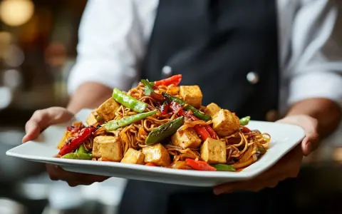 Talerz pełen aromatycznego makaronu z tofu, chrupiącymi warzywami i sosem. Idealne danie dla miłośników kuchni azjatyckiej.