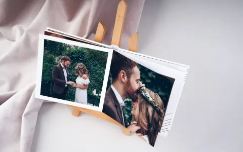 Otwarta księga z fotografiami ślubnymi, ukazująca parę w intymnych chwilach. To dowód na to, że miłość i przeznaczenie cytaty są prawdziwe.