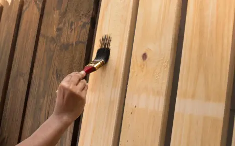 Ręka maluje pędzlem jasne panele ścienne MDF ciemną farbą, nadając im nowy wygląd.