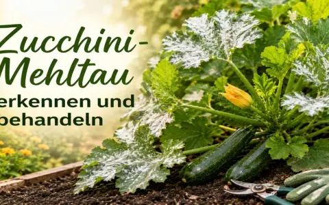 Zucchini-Mehltau befällt die Blätter einer Zucchinipflanze. Erkennen und behandeln Sie diesen Pilz frühzeitig für gesunde Ernte.