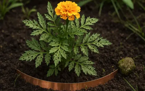 En ensam, gul tagetes med hål i bladen, omgiven av mörk jord och en kopparkant. Ett tecken på att det är dags att odla tagetes.