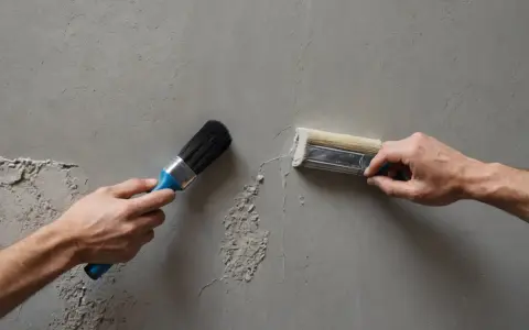 Dwie dłonie trzymają pędzle. Jeden z nich, z czarnym włosiem, zbliża się do ściany. Drugi, z jasnym włosiem, jest już przy niej. To może być sposób na przygotowanie powierzchni, gdy nie mamy gruntu.