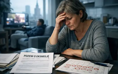 Zmartwiona kobieta pochyla się nad dokumentami, na których widnieje napis "POZEW O EKSMISJĘ". Zastanawia się, ile trwa eksmisja z mieszkania.