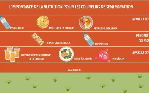 Conseils nutritionnels pour le semi-marathon : hydratation, dîner glucidique, petit-déjeuner léger, apports énergétiques, boissons protéinées et repas équilibrés.