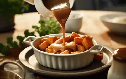 Brunsås recept: Krämig sås hälls över gyllene potatisbitar i en vit skål. En klassisk svensk rätt.