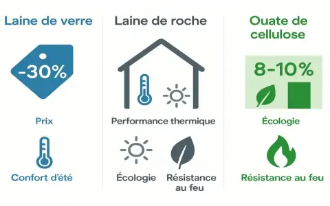 Comparaison : laine de verre (prix), laine de roche (performance thermique, écologie, résistance au feu) et ouate de cellulose (écologie, résistance au feu).