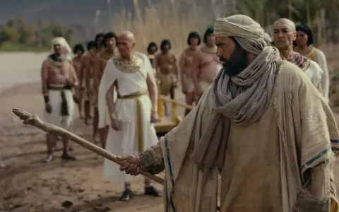 Ein Mann mit Turban und Stab führt eine Gruppe in antiker Kleidung an. Szenen wie diese sind oft in christliche Serien zu sehen.