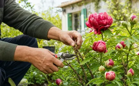 Un jardinier effectue la taille d'une pivoine arbustive, préparant ses magnifiques fleurs pour la saison.
