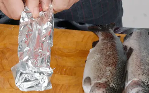 Vorbereitung für das Grillen: Ein Fisch wird in Alufolie gewickelt, bereit für den Weber Grill.