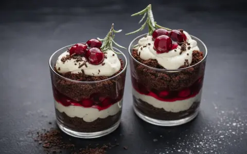 Zwei Schokoladen-Kirsch-Desserts im Glas, geschichtet mit dunklem Kuchen, Kirschen und Sahne, garniert mit frischen Kirschen und Rosmarin.