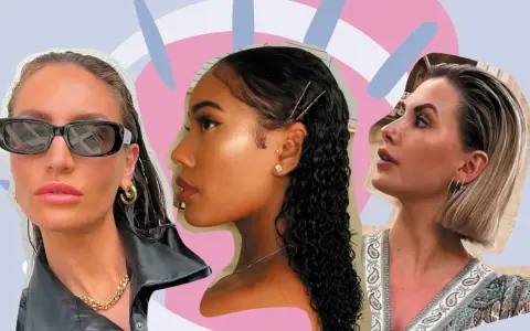 Drei Frauen mit glänzendem, nassem Haar und stylischem Schmuck. Eine trägt Sonnenbrille, die andere hat Haarnadeln im Haar.