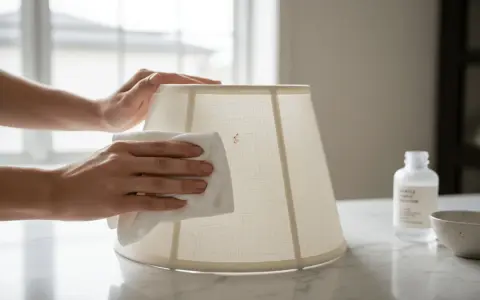 Delikatne czyszczenie lnianego abażura. Dłonie usuwają plamkę białą ściereczką. Obok buteleczka z płynem.