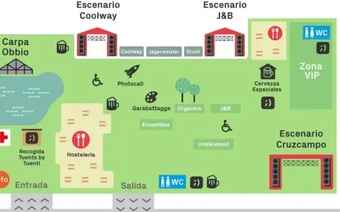 Mapa de un festival con escenarios, zona VIP, hostelería, photocall y un cartel interestelar que indica la entrada.
