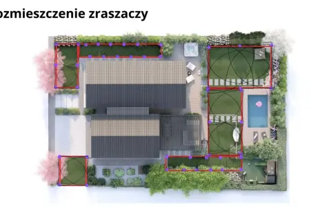 Wizualizacja rozmieszczenia zraszaczy na planie ogrodu z zaznaczonymi obszarami i zasięgami.