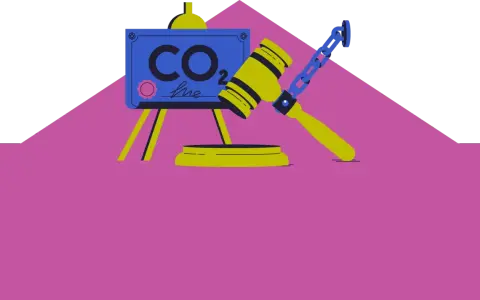 Ein Hammer liegt auf einem Schild mit der Aufschrift "CO2". Dies symbolisiert die Regulierung von CO2-Emissionen.