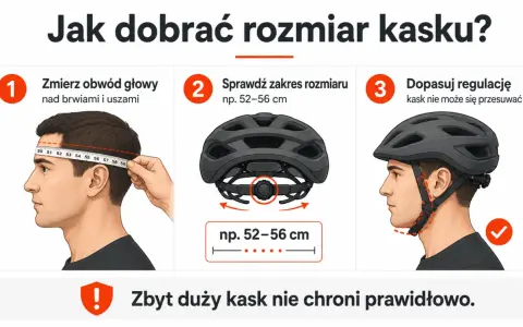 Jak dobrać kask rowerowy? Zmierz obwód głowy, sprawdź zakres rozmiaru i dopasuj regulację. Pamiętaj, że zbyt duży kask nie chroni prawidłowo.