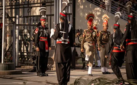 Żołnierze w barwnych mundurach, z pióropuszami na głowach, podczas ceremonii na granicy. To widok, który może przypominać o tym, co można przywieźć z Indii – wspomnienia i dumę.