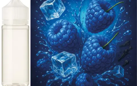 Botella vacía junto a frambuesas azules, cubitos de hielo y salpicaduras de agua.