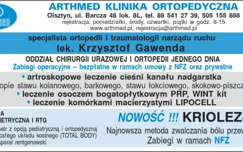 Logo ARTHMED, dane kontaktowe kliniki, specjalista ortopedii i traumatologii, zabiegi artroskopowe, leczenie osoczem i komórkami macierzystymi, kriolezja.