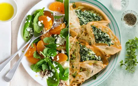 Deliciosas recetas con espinacas: ensalada fresca con naranja y queso feta, y crepes rellenos.