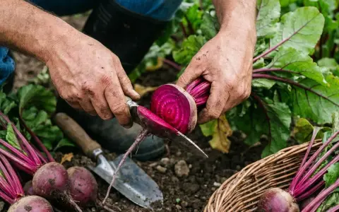 Un jardinier coupe une betterave fraîchement récoltée. La récolte est abondante, mais jusqu'à quand peut-on planter des betteraves pour profiter de ce légume ?