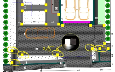 Projekt oświetlenia w domu: rozmieszczenie lamp, ścieżek, drzew i miejsc parkingowych.