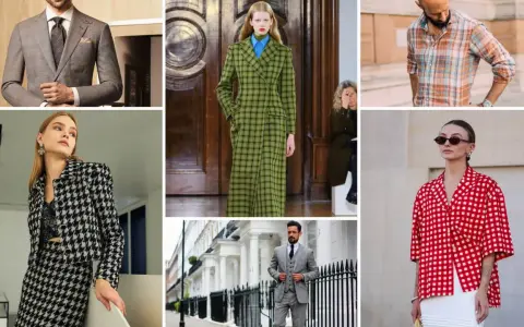 Collage showcasing various types of plaid: a man in a grey suit, a woman in a houndstooth jacket, a model in a green plaid coat, a man in a plaid shirt, and a woman in a red gingham top.