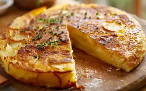 En gyllene spansk omelett, skuren i ett stycke, med tunna potatisskivor och toppad med färska örter.