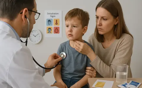 Lekarz bada chłopca, martwiąca się matka obok. Na ścianie wiszą plakaty o objawach odwodnienia, co może być związane z jelitówką u dzieci.