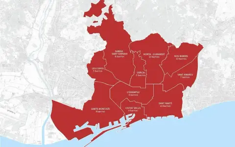 Mapa Barcelony z zaznaczonymi dzielnicami. Podpowiada, gdzie najlepiej nocować w Barcelonie, pokazując liczbę dzielnic w każdym regionie.