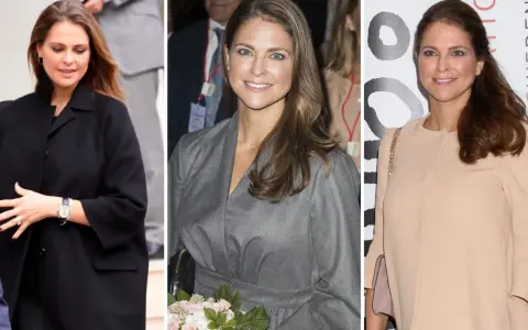 Prinsessan Madeleine gravid i tre olika kläder. Hon ser strålande ut i alla tre bilderna.